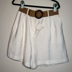 Zara White High-Rise Pleated Shorts with Woven Brown Belt